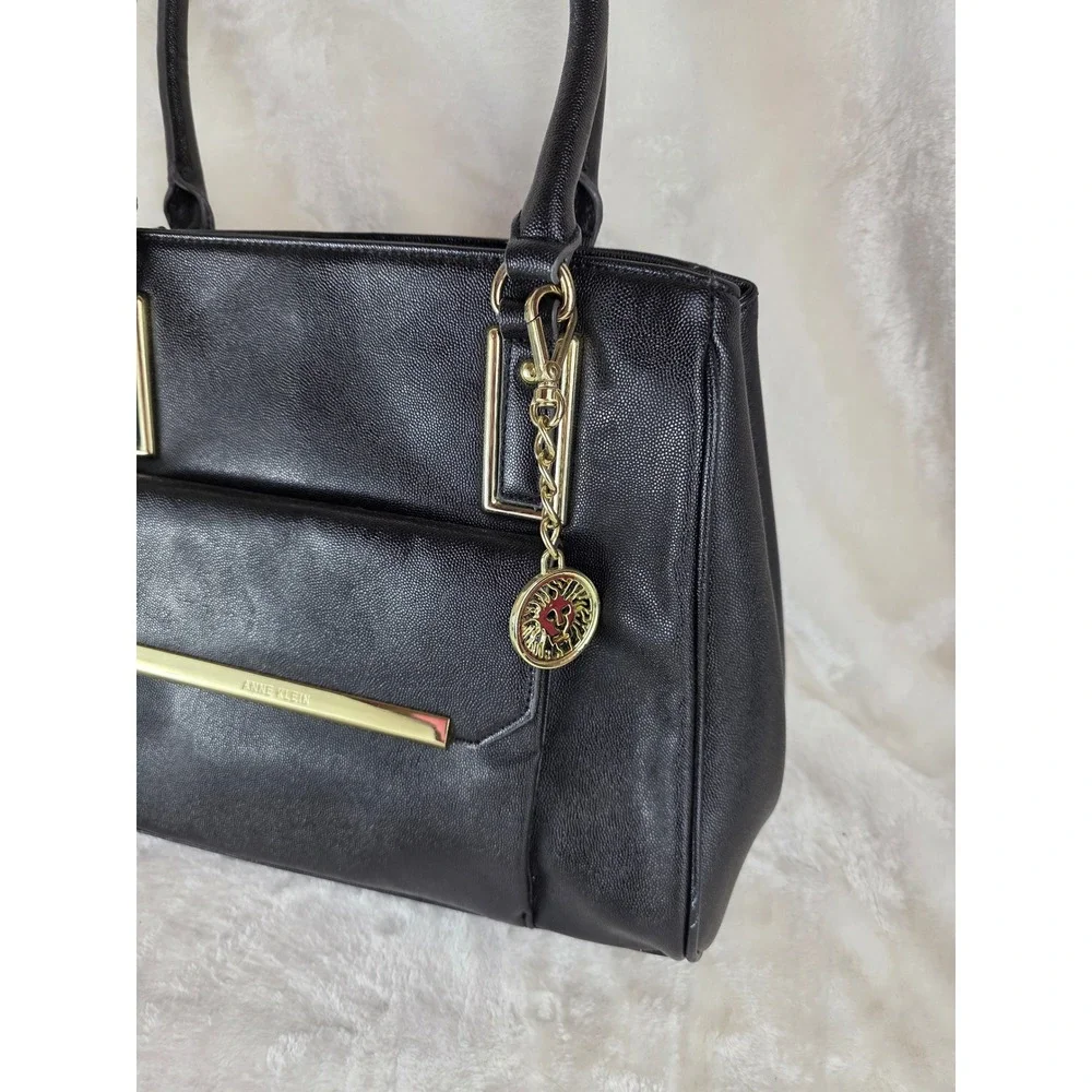 Anne Klein‎ Black Faux Leather Tote Bag Gold Tone Charm Accent